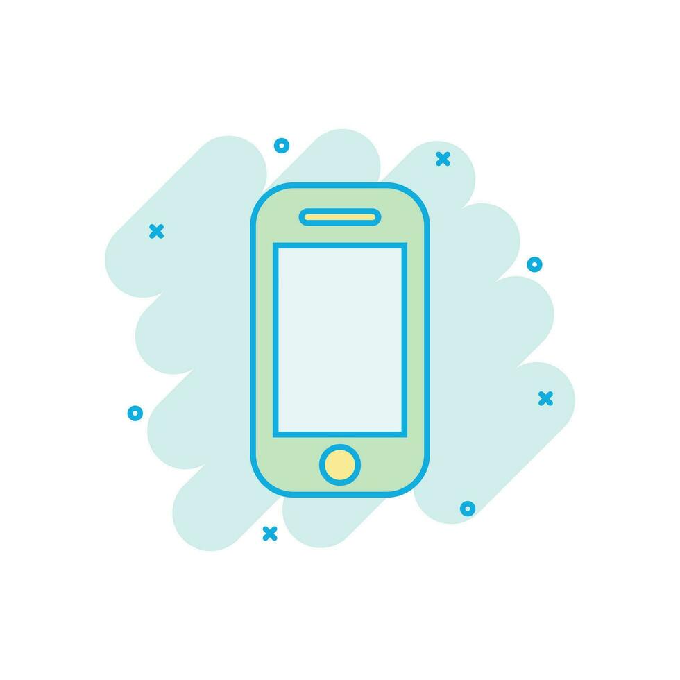 Smartphone icon in comic style. Phone handset vector cartoon illustration pictogram. Smartphone business concept splash effect.