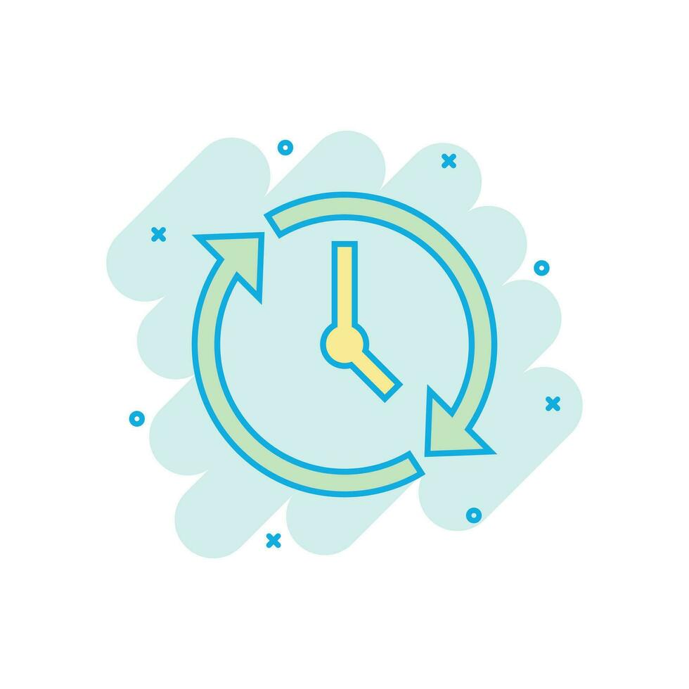 Clock countdown icon in comic style. Time chronometer vector cartoon illustration pictogram. Clock business concept splash effect.