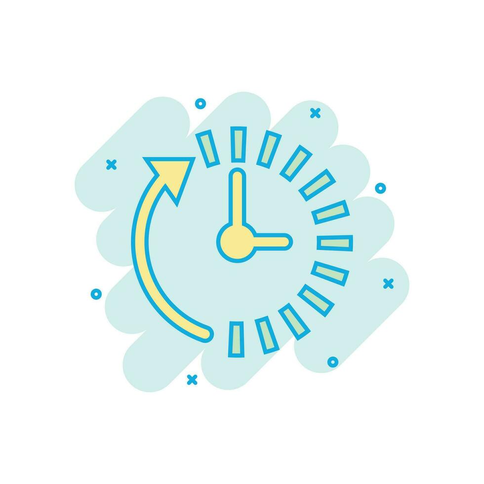 Clock countdown icon in comic style. Time chronometer vector cartoon illustration pictogram. Clock business concept splash effect.