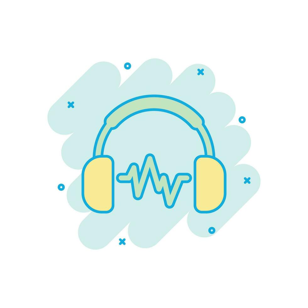 Headphone headset icon in comic style. Headphones vector cartoon illustration pictogram. Audio gadget business concept splash effect.