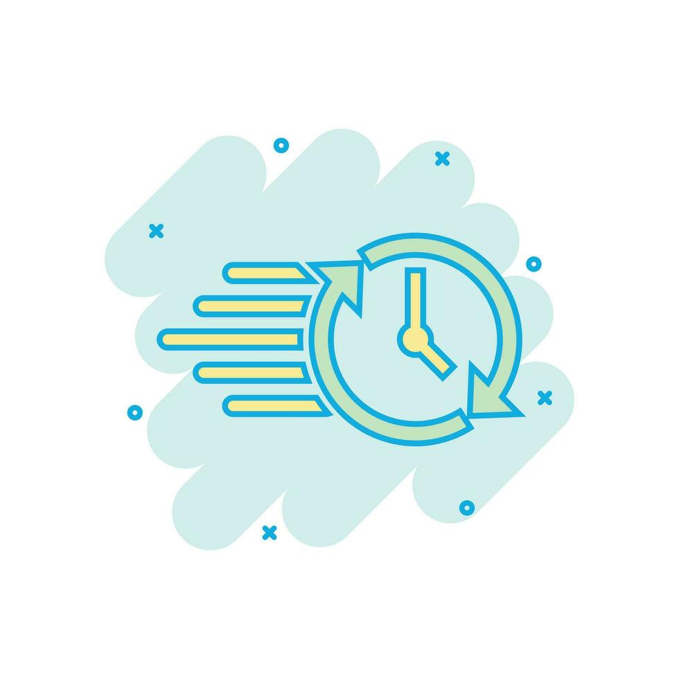 Clock countdown icon in comic style. Time chronometer vector cartoon illustration pictogram. Clock business concept splash effect.