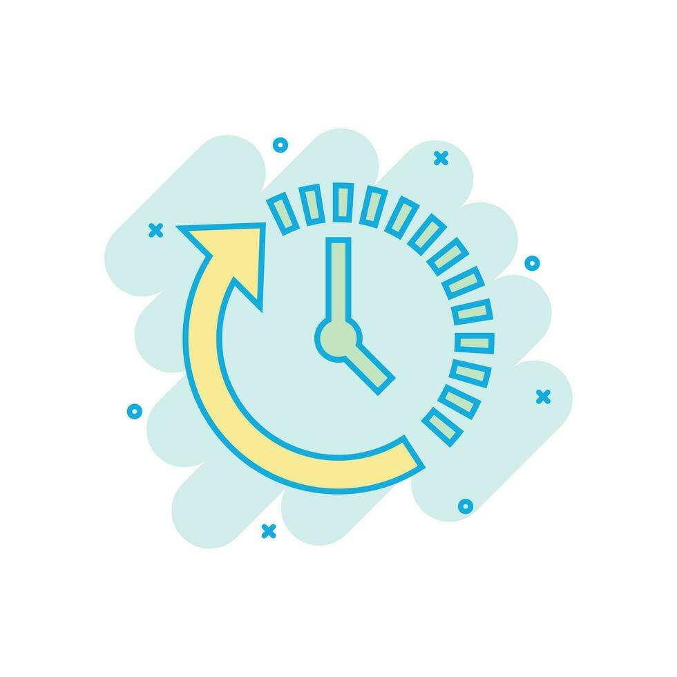 Clock countdown icon in comic style. Time chronometer vector cartoon illustration pictogram. Clock business concept splash effect.