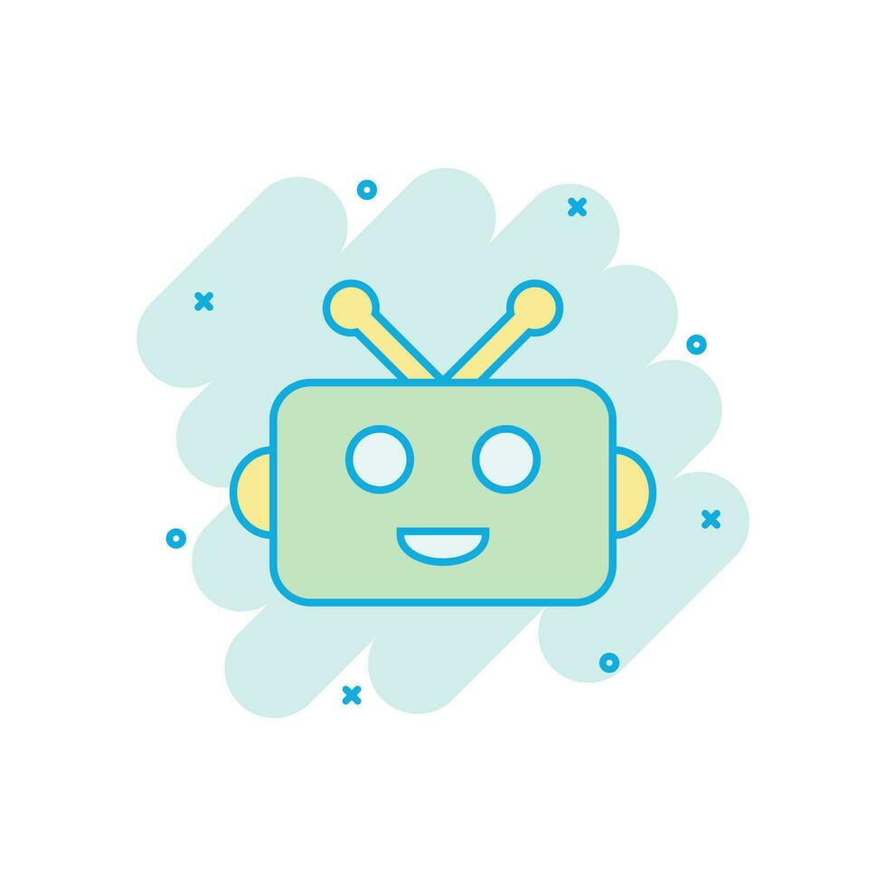 Cute robot chatbot icon in comic style. Bot operator vector cartoon illustration pictogram. Smart chatbot character business concept splash effect.