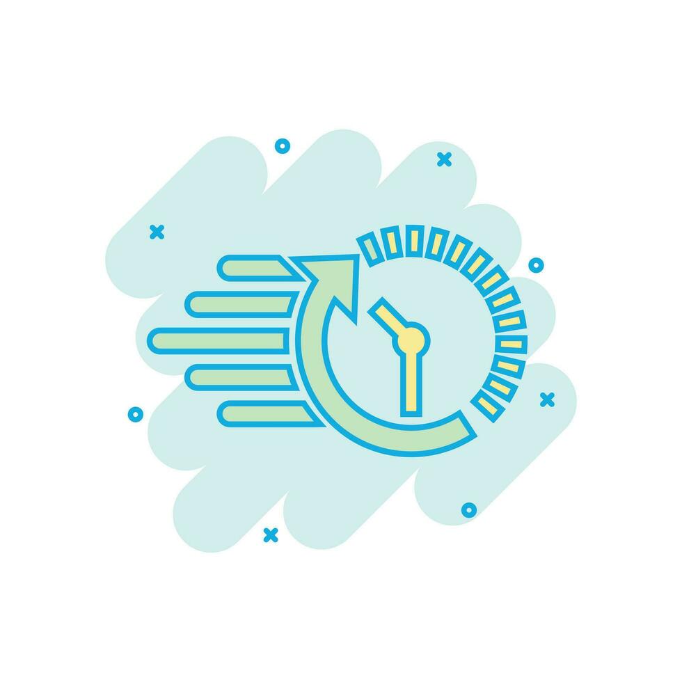 Clock countdown icon in comic style. Time chronometer vector cartoon illustration pictogram. Clock business concept splash effect.