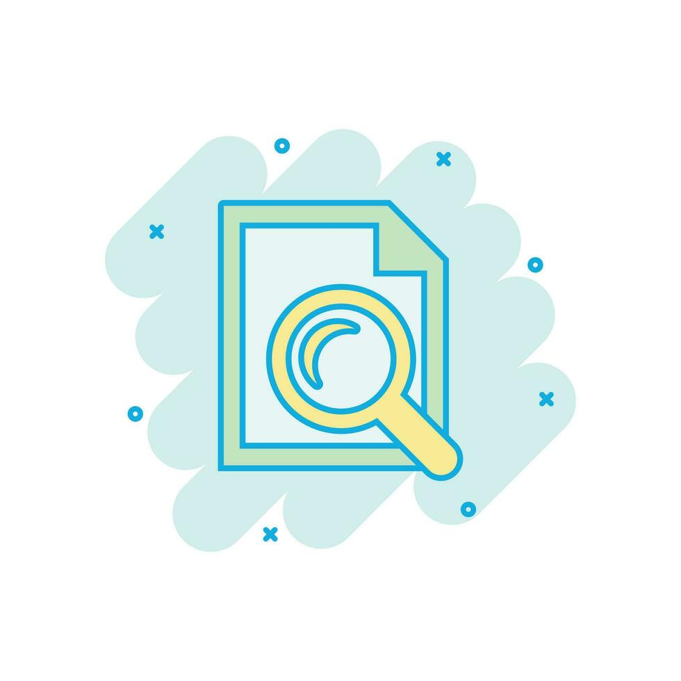 Scrutiny document plan icon in comic style. Review statement vector cartoon illustration pictogram. Document with magnifier loupe business concept splash effect.