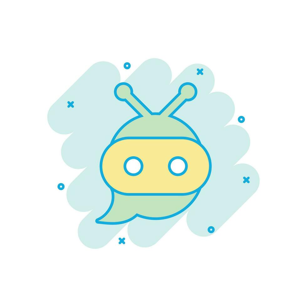 Cute robot chatbot icon in comic style. Bot operator vector cartoon illustration pictogram. Smart chatbot character business concept splash effect.