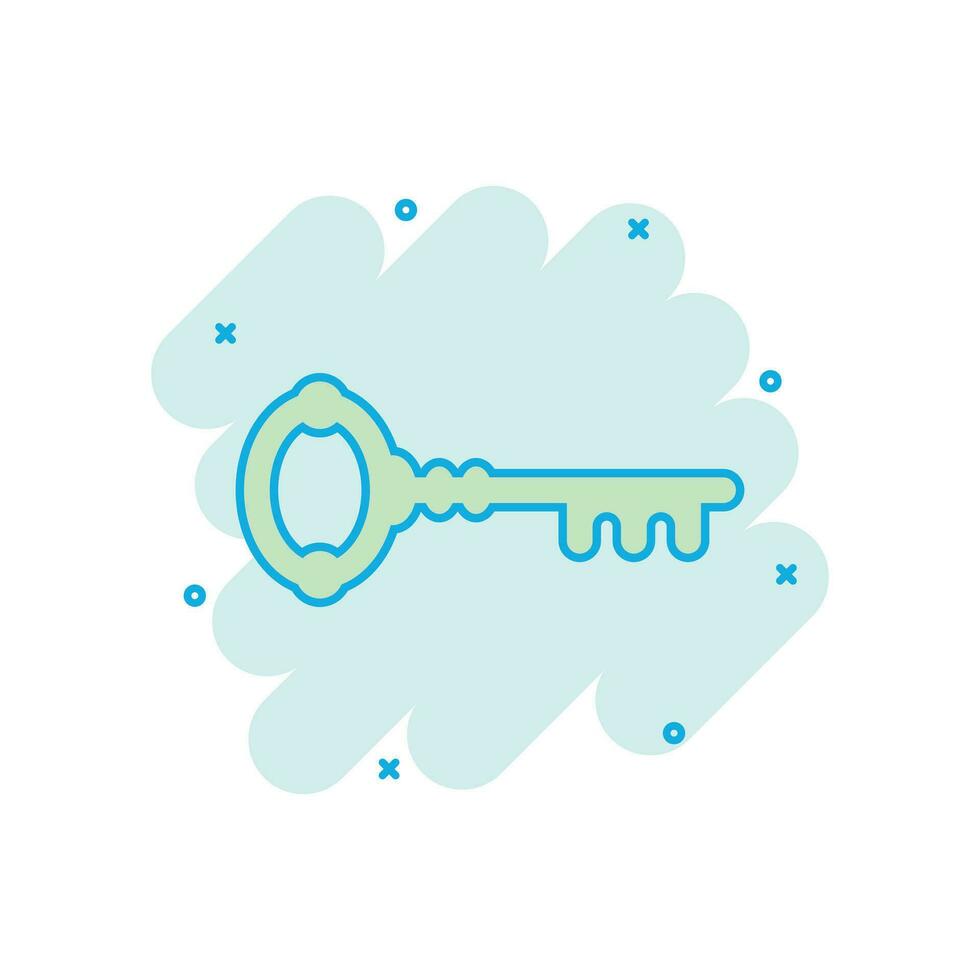 Key icon in comic style. Access login vector cartoon illustration pictogram. Password key business concept splash effect.