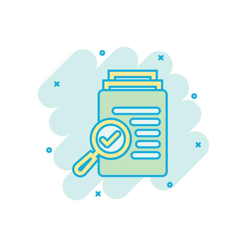 Scrutiny document plan icon in comic style. Review statement vector cartoon illustration pictogram. Document with magnifier loupe business concept splash effect.