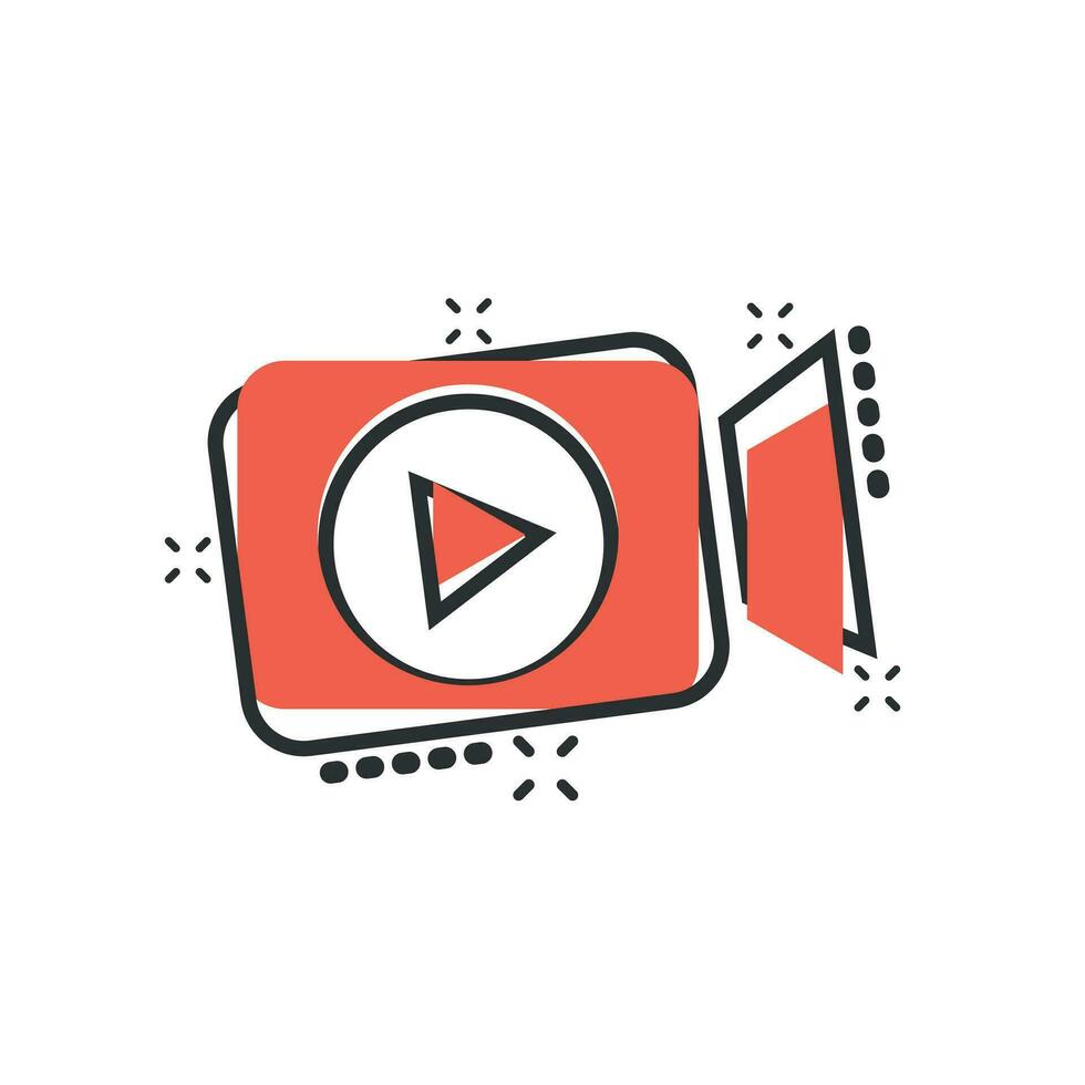 Video camera icon in comic style. Movie play vector cartoon illustration pictogram. Video streaming business concept splash effect.