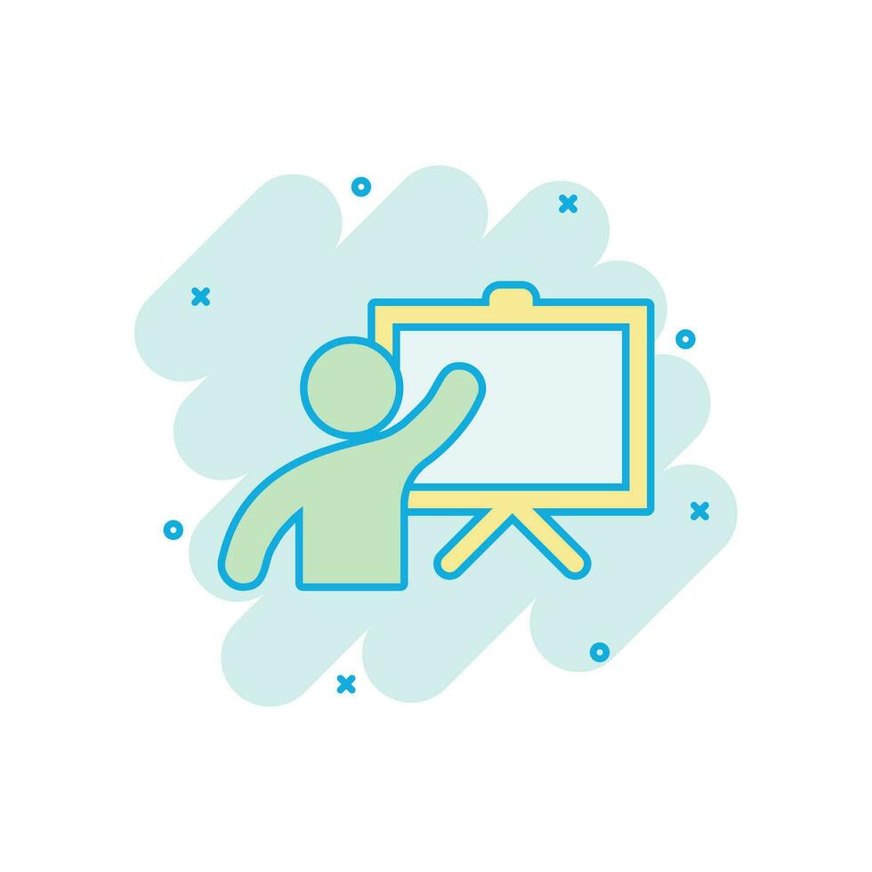 Training education icon in comic style. People seminar vector cartoon illustration pictogram. School classroom lesson business concept splash effect.