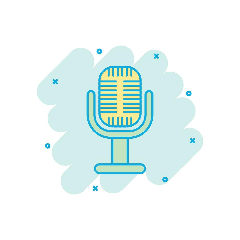 Microphone icon in comic style. Mic broadcast vector cartoon illustration pictogram. Microphone mike speech business concept splash effect.