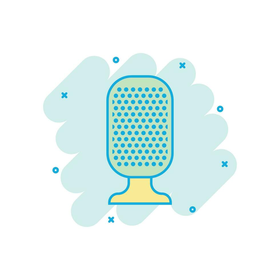 Microphone icon in comic style. Mic broadcast vector cartoon illustration pictogram. Microphone mike speech business concept splash effect.