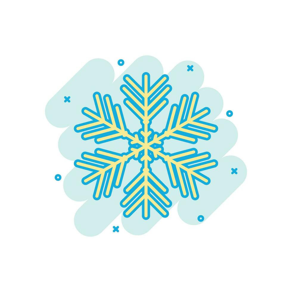 Snowflake icon in comic style. Snow flake winter vector cartoon illustration pictogram. Christmas snowfall ornament business concept splash effect.