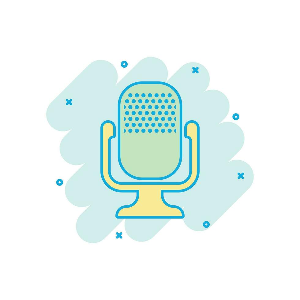 Microphone icon in comic style. Mic broadcast vector cartoon illustration pictogram. Microphone mike speech business concept splash effect.