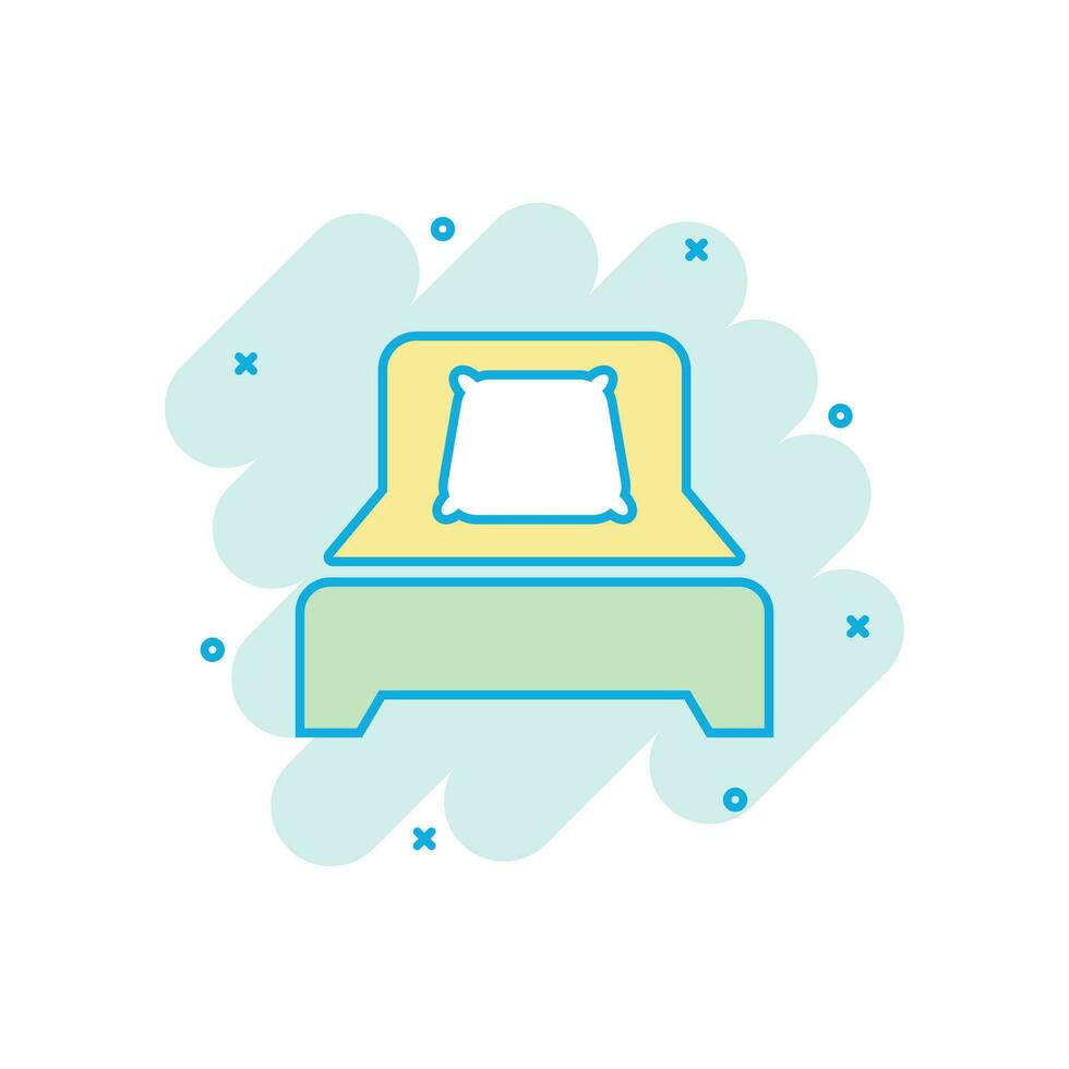 Bed icon in comic style. Sleep bedroom vector cartoon illustration pictogram. Relax sofa business concept splash effect.