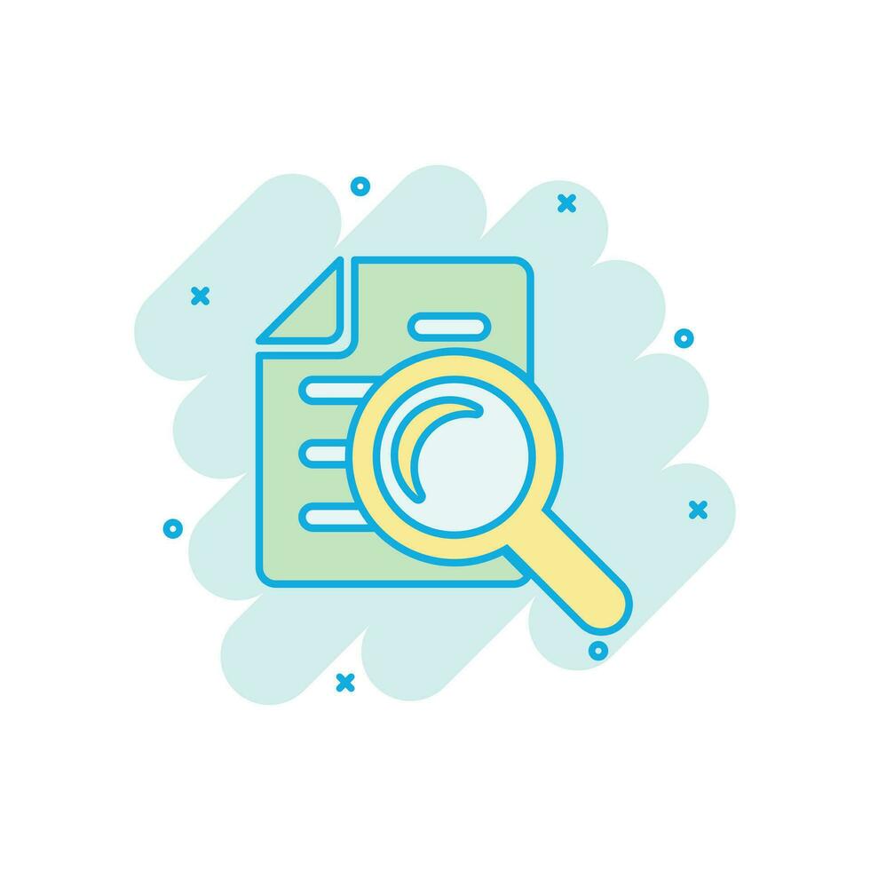 Scrutiny document plan icon in comic style. Review statement vector cartoon illustration pictogram. Document with magnifier loupe business concept splash effect.