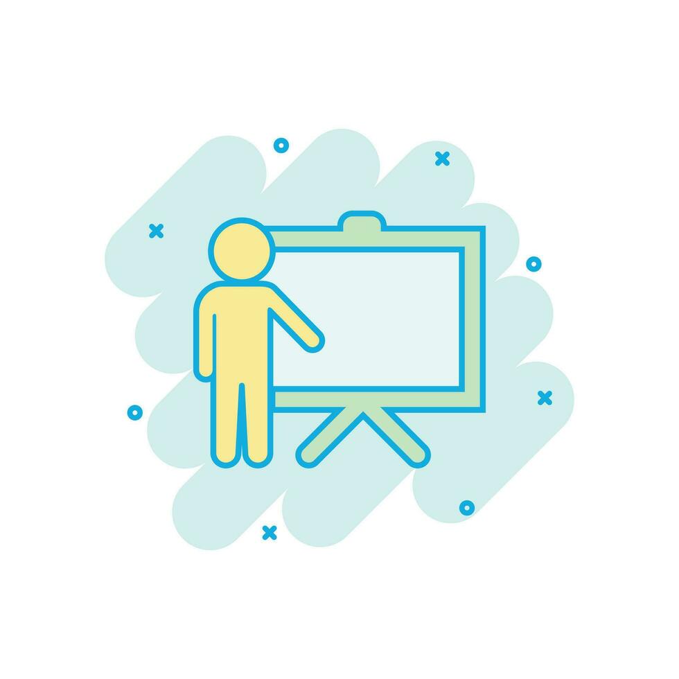 Training education icon in comic style. People seminar vector cartoon illustration pictogram. School classroom lesson business concept splash effect.