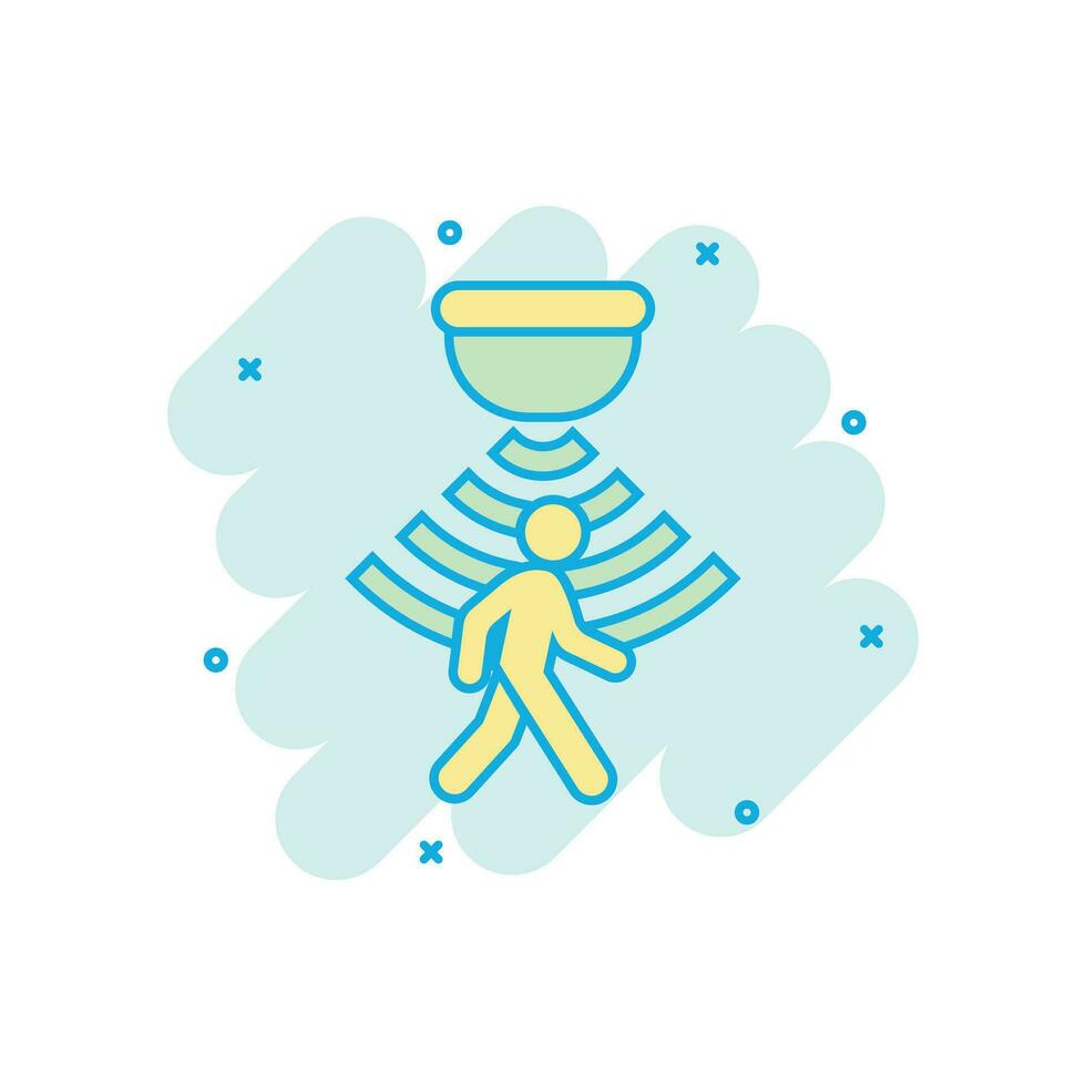 Motion sensor icon in comic style. Sensor waves with man vector cartoon