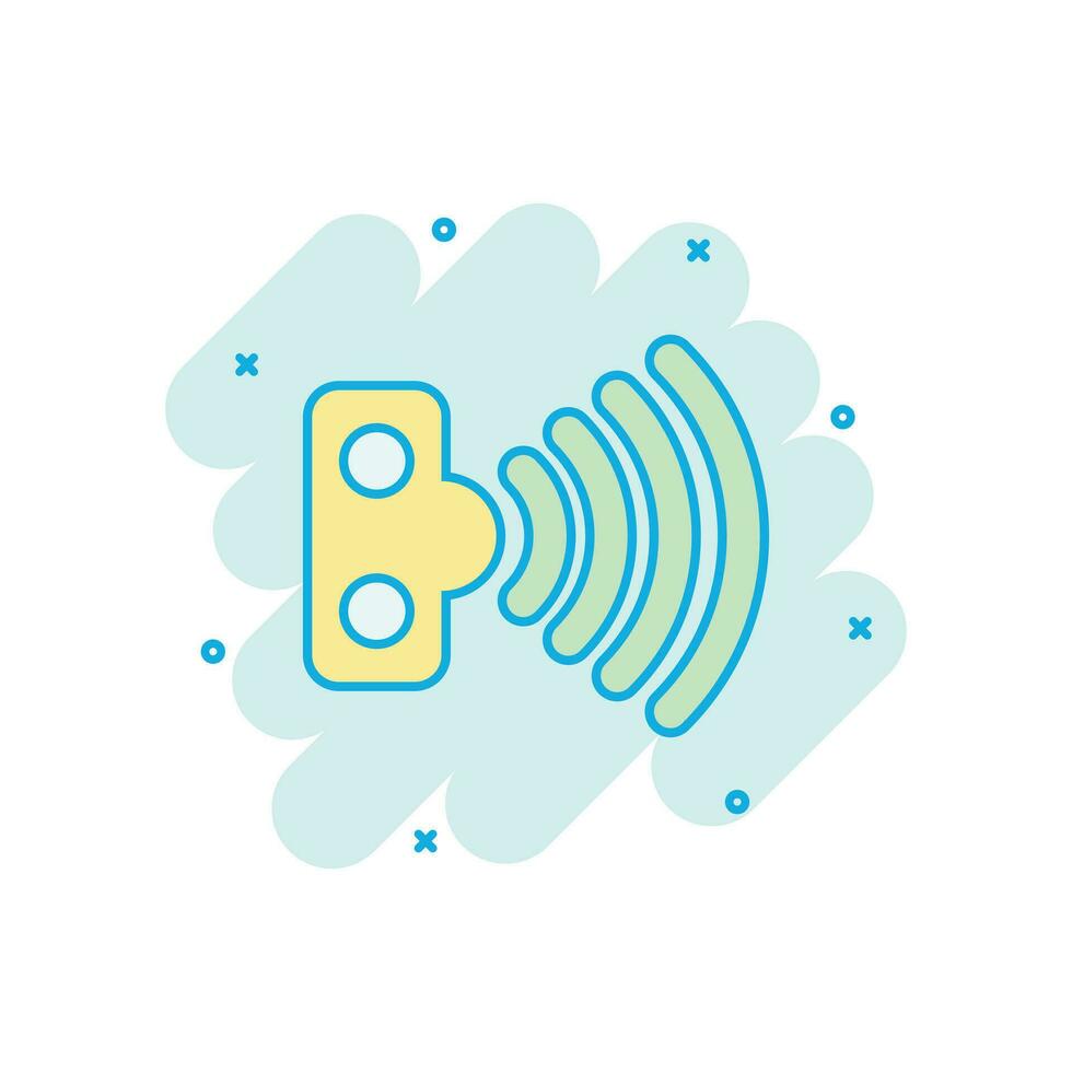 Motion sensor icon in comic style. Sensor waves vector cartoon illustration pictogram. Security connection business concept splash effect.