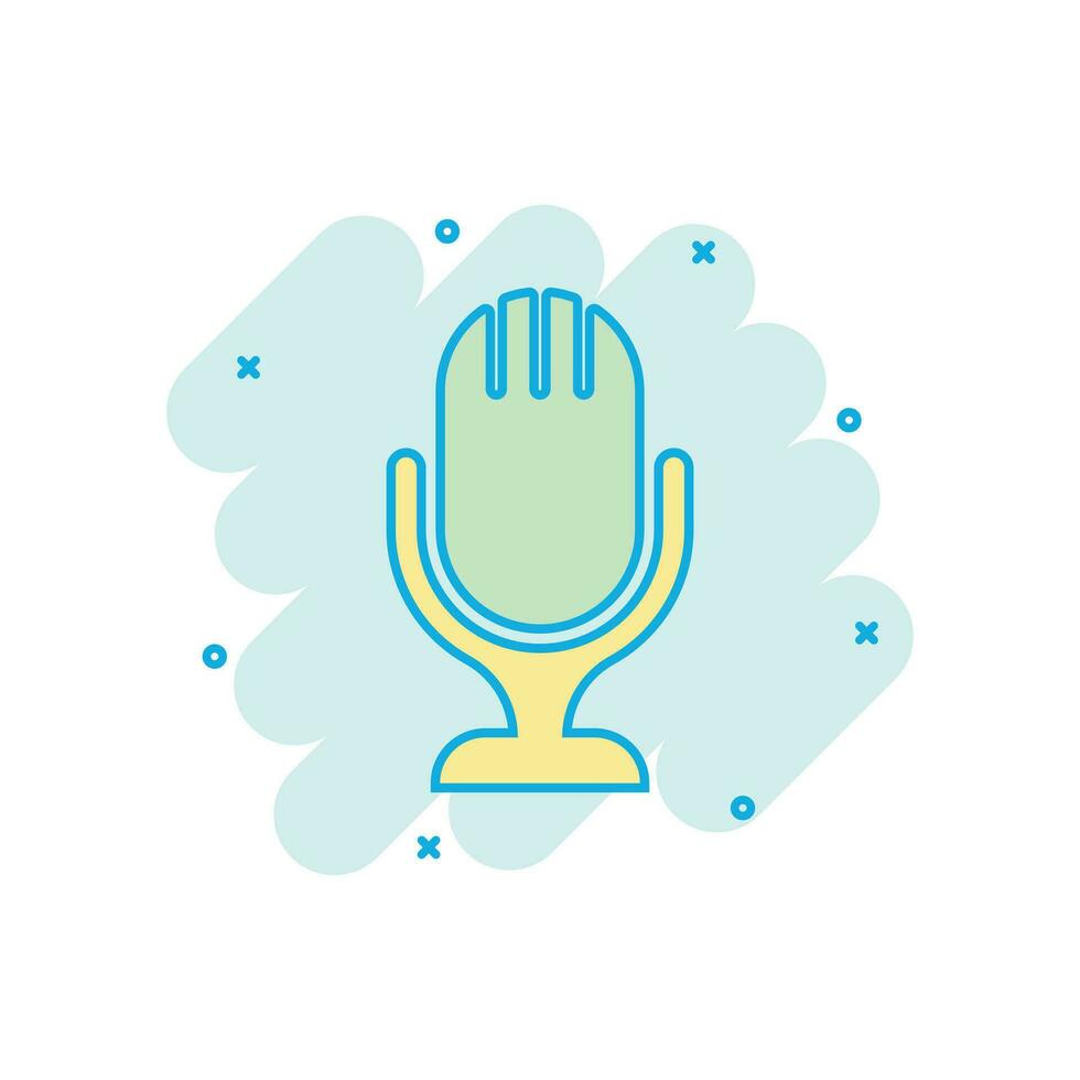 Microphone icon in comic style. Mic broadcast vector cartoon illustration pictogram. Microphone mike speech business concept splash effect.