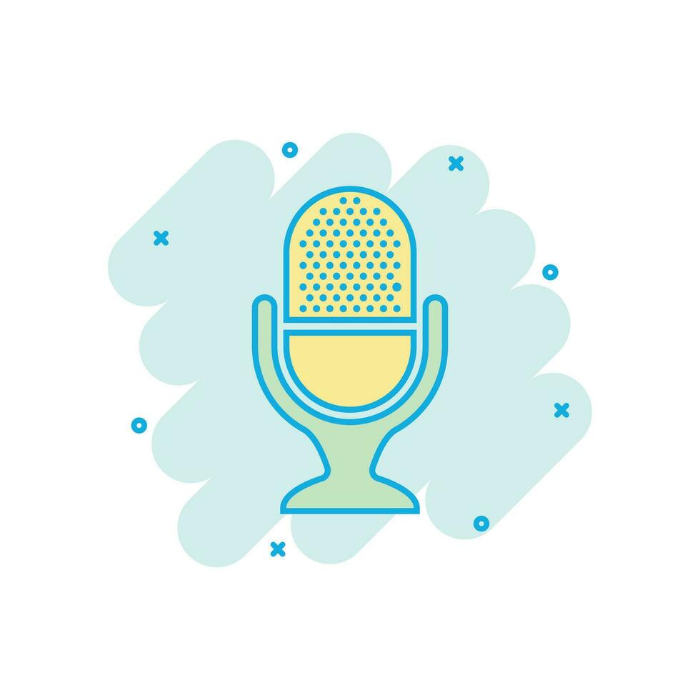 Microphone icon in comic style. Mic broadcast vector cartoon illustration pictogram. Microphone mike speech business concept splash effect.