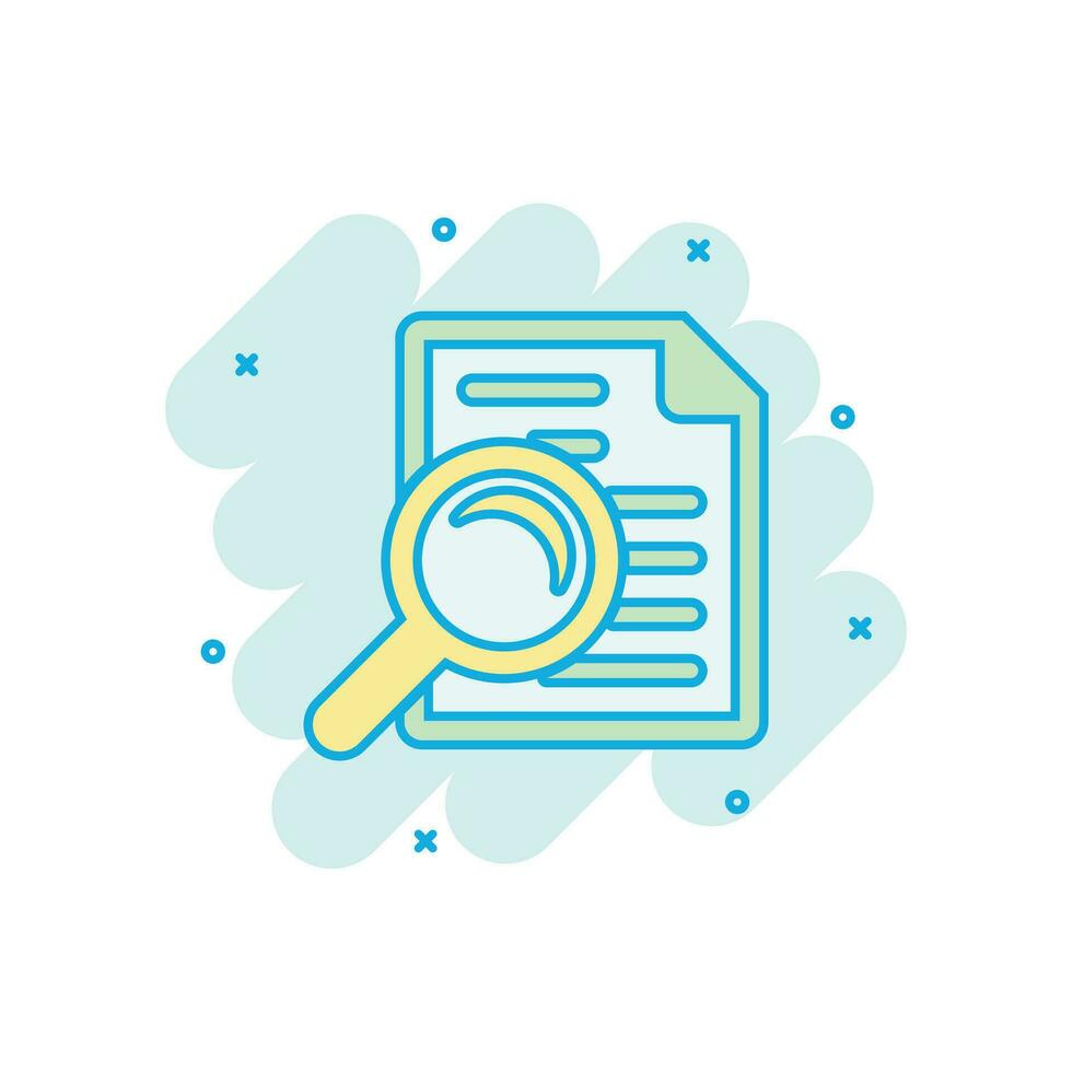 Scrutiny document plan icon in comic style. Review statement vector cartoon illustration pictogram. Document with magnifier loupe business concept splash effect.