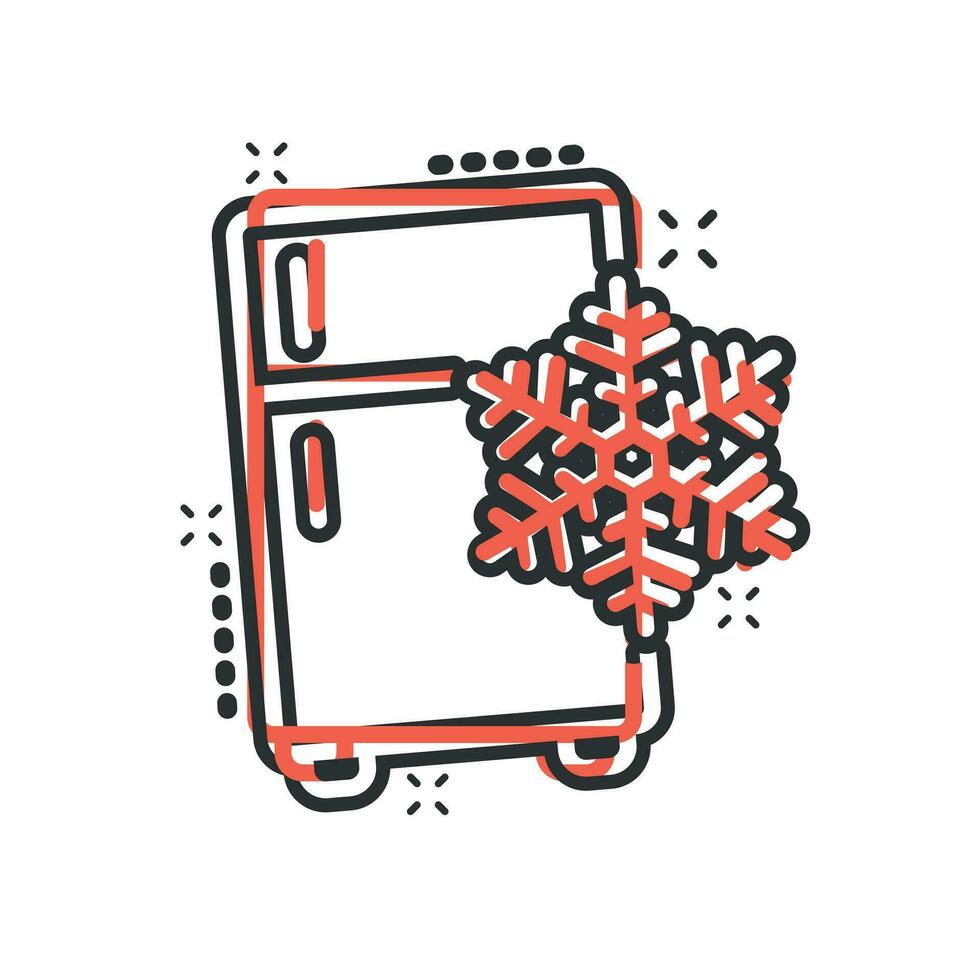 Fridge refrigerator icon in comic style. Freezer container vector cartoon illustration pictogram. Fridge business concept splash effect.