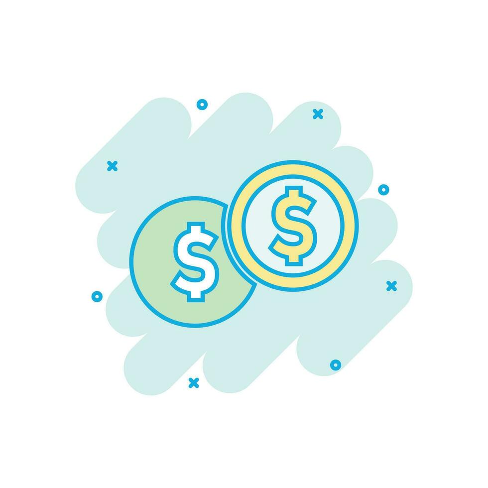 Coins stack icon in comic style. Dollar coin vector cartoon illustration pictogram. Money stacked business concept splash effect.