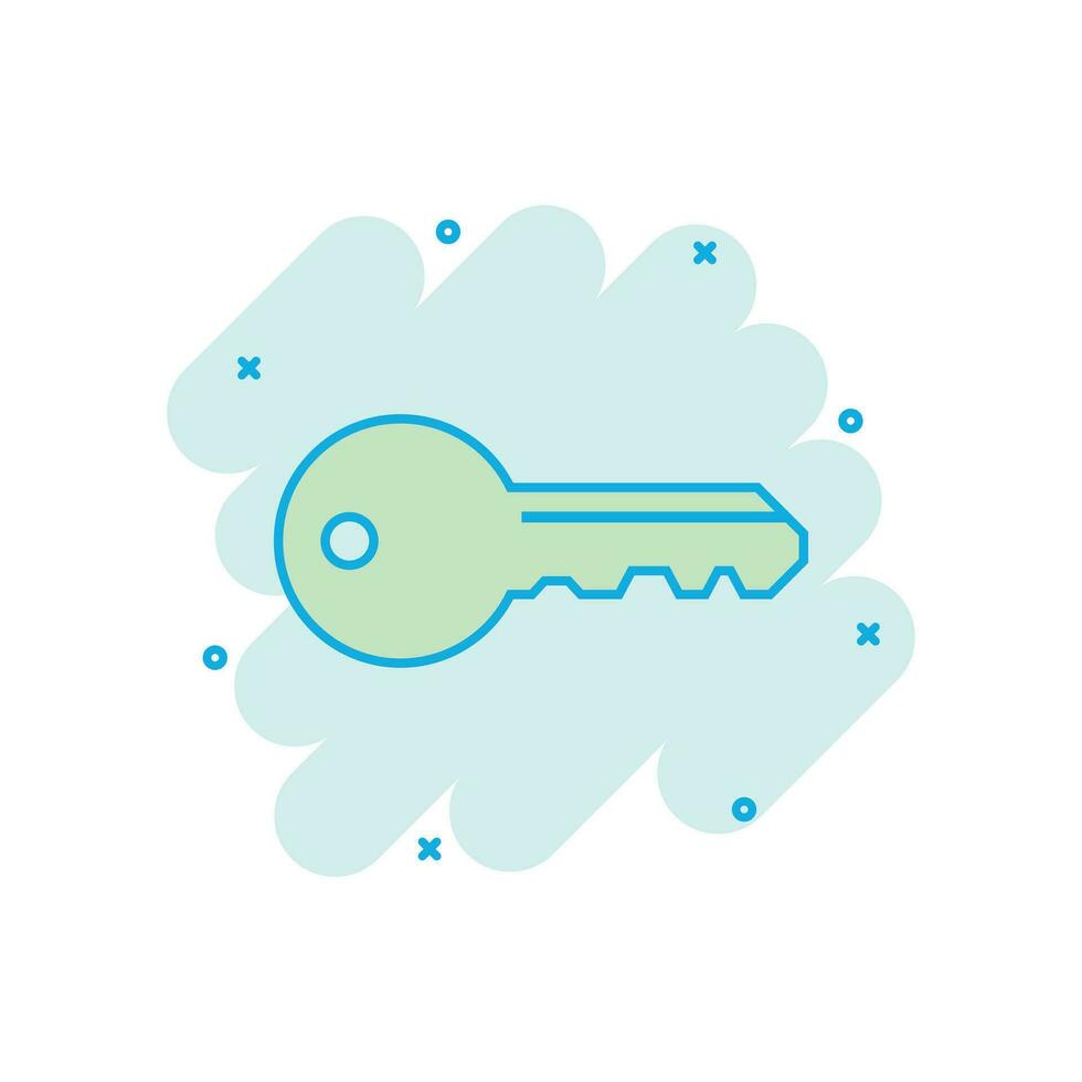 Key icon in comic style. Access login vector cartoon illustration pictogram. Password key business concept splash effect.