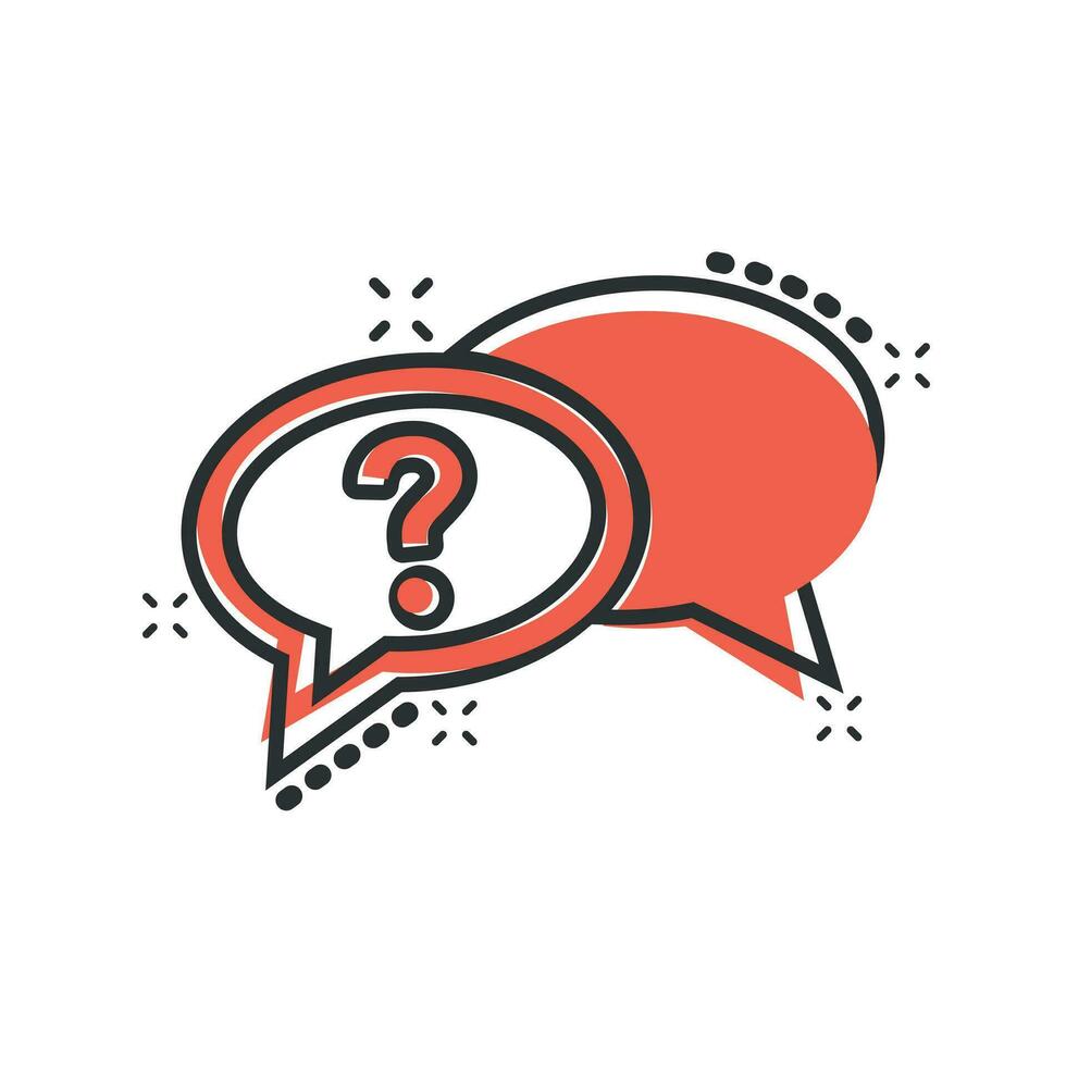 Question mark icon in comic style. Discussion speech bubble vector cartoon illustration pictogram. Question business concept splash effect.