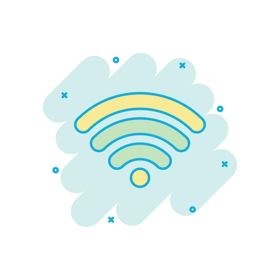 Wifi internet icon in comic style. Wi-fi wireless technology vector cartoon illustration pictogram. Network wifi business concept splash effect.