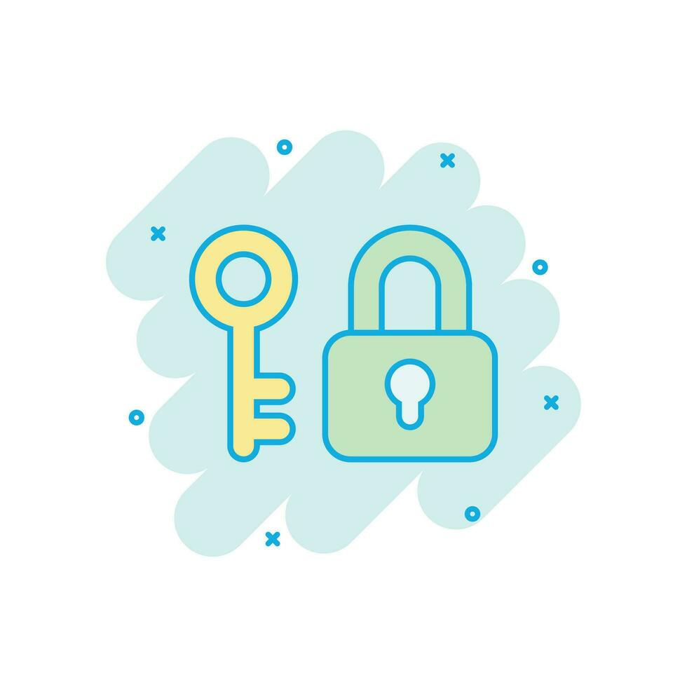 Key with padlock icon in comic style. Access login vector cartoon illustration pictogram. Lock keyhole business concept splash effect.