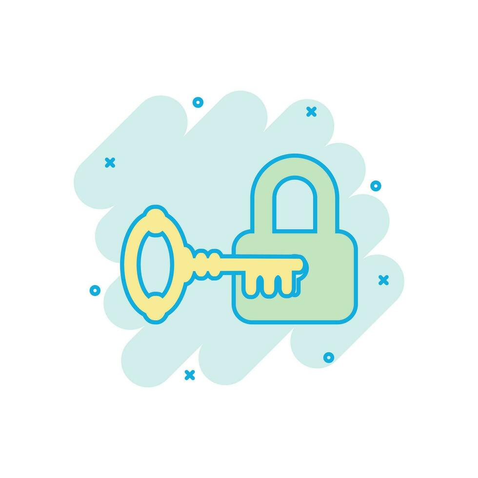 Key with padlock icon in comic style. Access login vector cartoon illustration pictogram. Lock keyhole business concept splash effect.