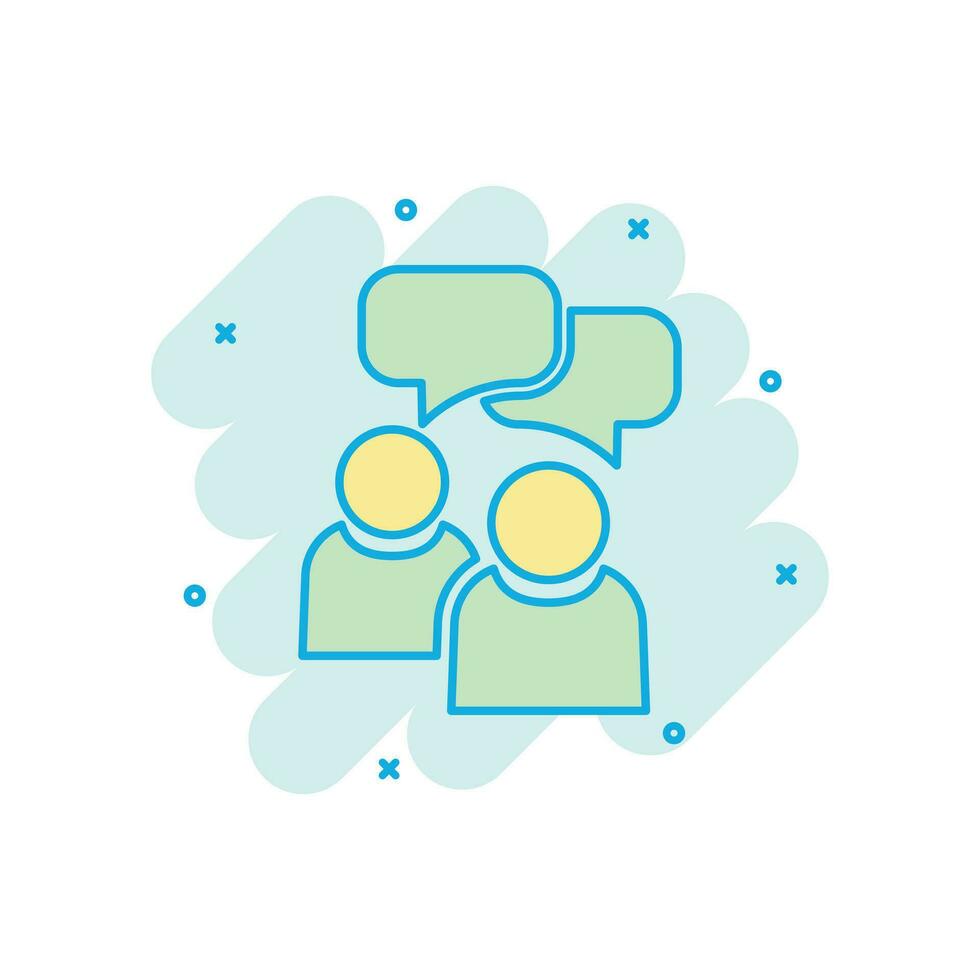 People with speech bubble icon in comic style. Business agreement vector cartoon illustration pictogram. Partnership talk business concept splash effect.