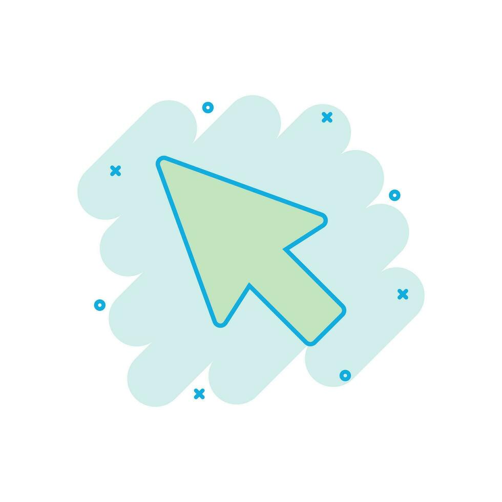 Computer mouse cursor icon in comic style. Arrow cursor vector cartoon illustration pictogram. Mouse aim business concept splash effect.