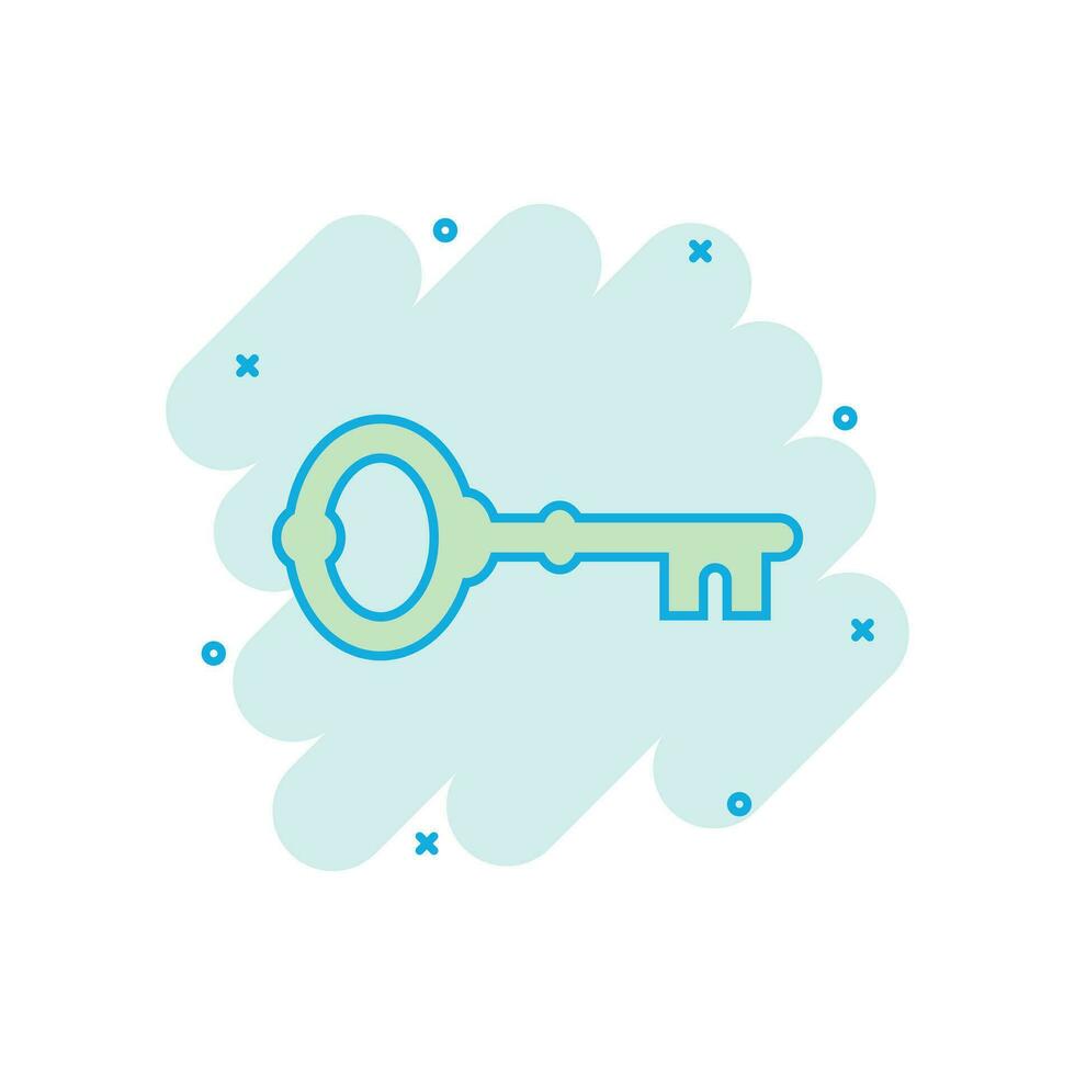 Key icon in comic style. Access login vector cartoon illustration pictogram. Password key business concept splash effect.