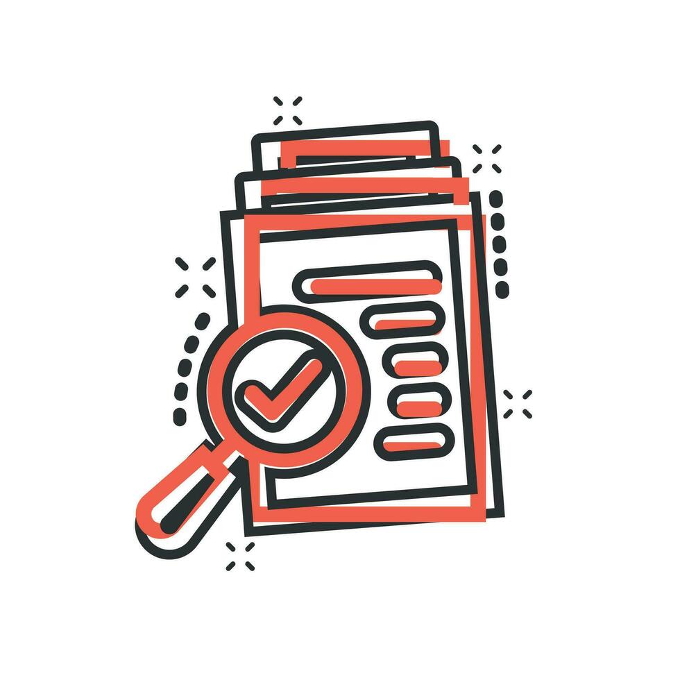 Scrutiny document plan icon in comic style. Review statement vector cartoon illustration pictogram. Document with magnifier loupe business concept splash effect.