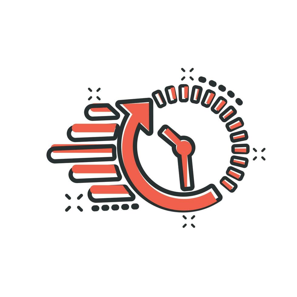 Clock countdown icon in comic style. Time chronometer vector cartoon illustration pictogram. Clock business concept splash effect.