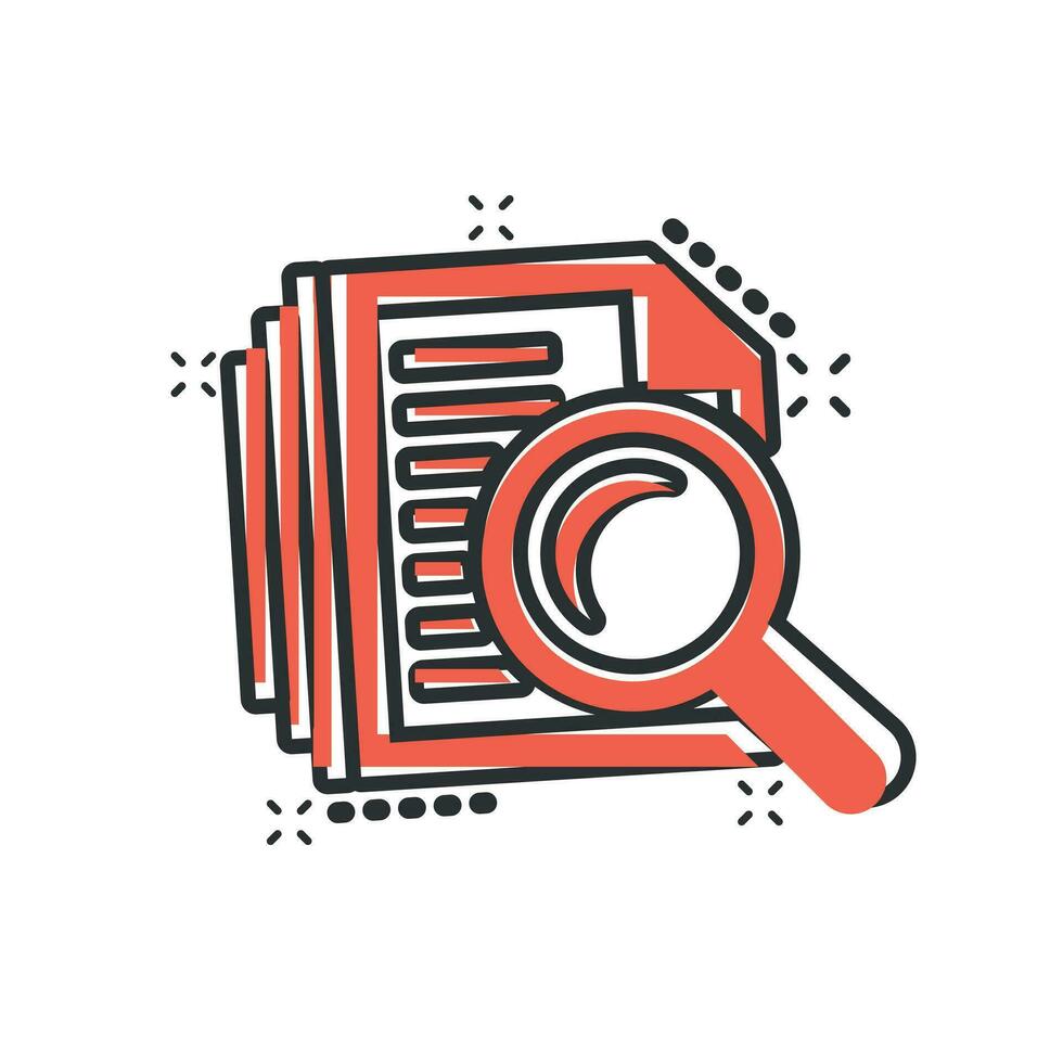 Scrutiny document plan icon in comic style. Review statement vector cartoon illustration pictogram. Document with magnifier loupe business concept splash effect.