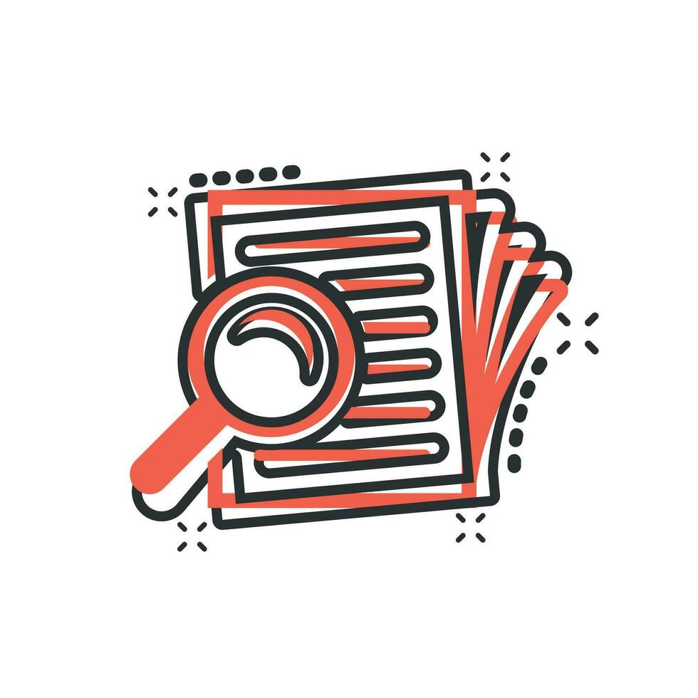 Scrutiny document plan icon in comic style. Review statement vector cartoon illustration pictogram. Document with magnifier loupe business concept splash effect.