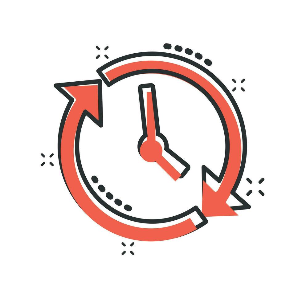 Clock countdown icon in comic style. Time chronometer vector cartoon illustration pictogram. Clock business concept splash effect.