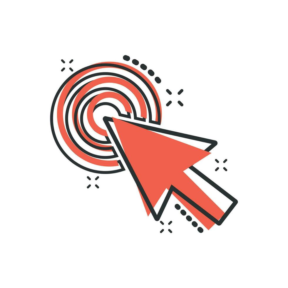 Computer mouse cursor icon in comic style. Arrow cursor vector cartoon illustration pictogram. Mouse aim business concept splash effect.