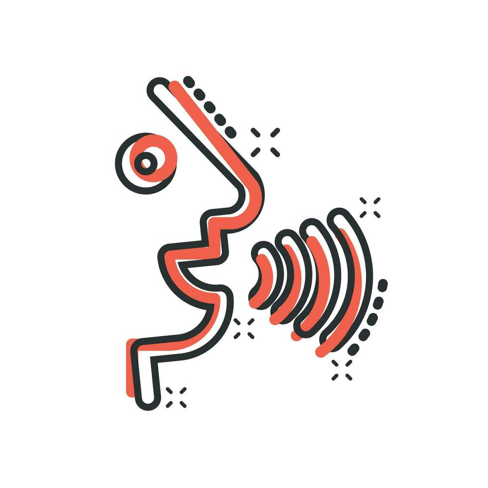 Voice command with sound waves icon in comic style. Speak control vector cartoon illustration pictogram. Speaker people business concept splash effect.