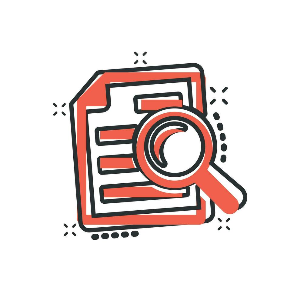 Scrutiny document plan icon in comic style. Review statement vector cartoon illustration pictogram. Document with magnifier loupe business concept splash effect.