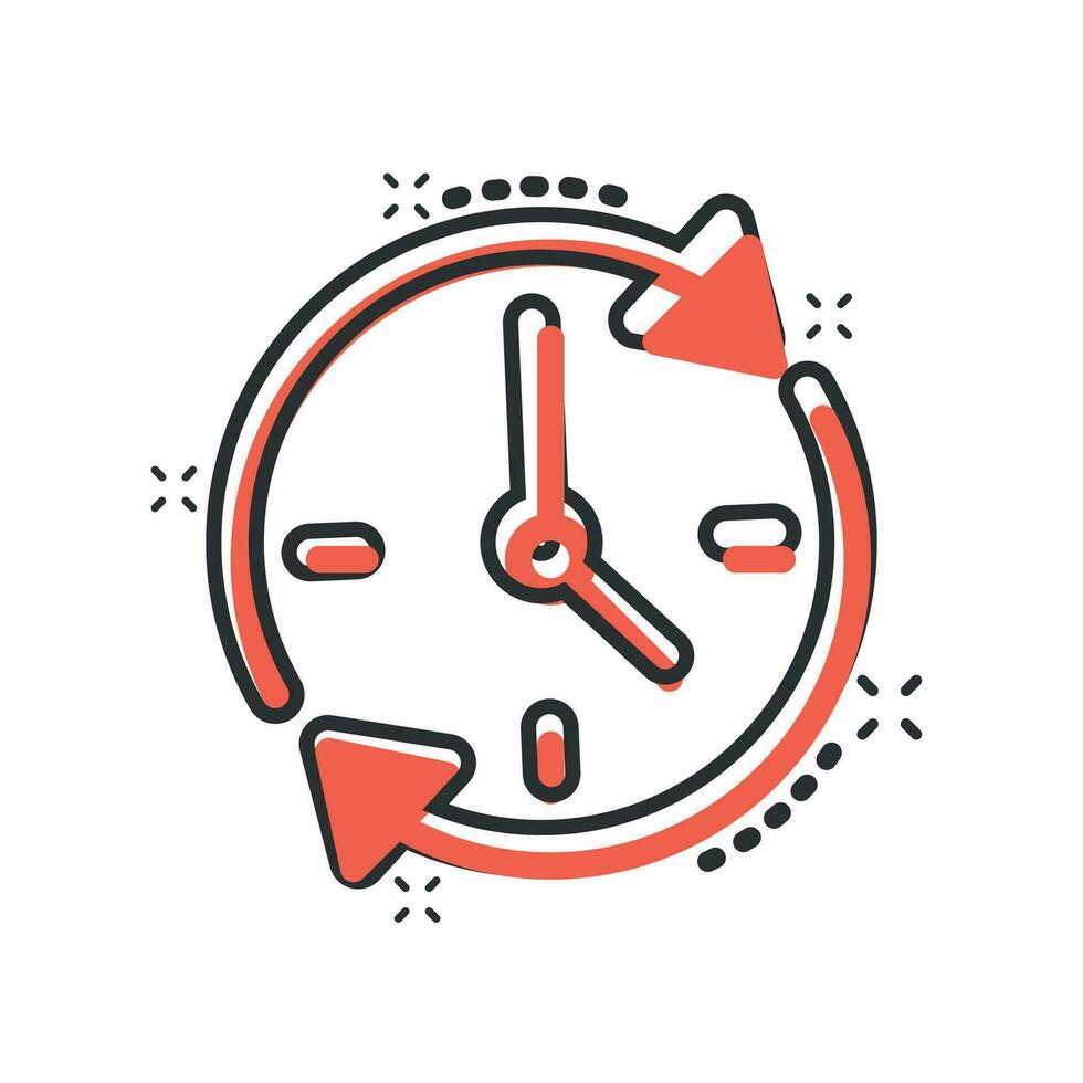 Clock countdown icon in comic style. Time chronometer vector cartoon illustration pictogram. Clock business concept splash effect.