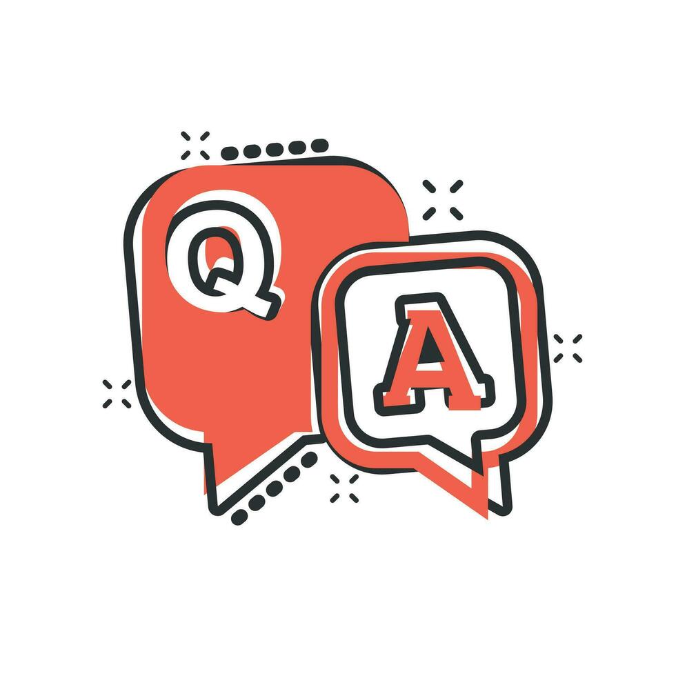 Question and answer icon in comic style. Discussion speech bubble vector cartoon illustration pictogram. Question, answer business concept splash effect.