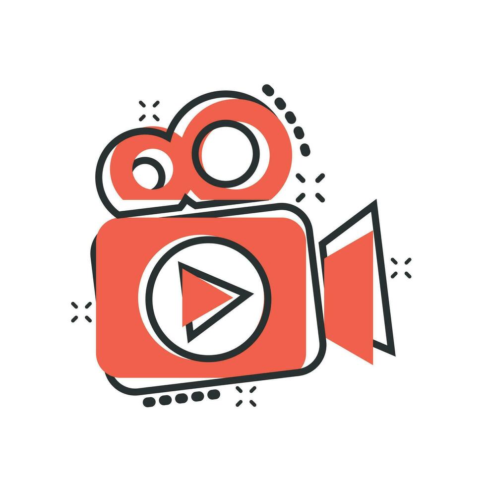 Video camera icon in comic style. Movie play vector cartoon illustration pictogram. Video streaming business concept splash effect.