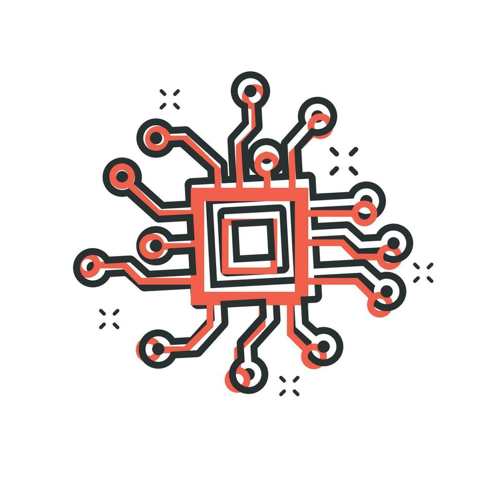 Circuit board icon in comic style. Technology microchip vector cartoon illustration pictogram. Processor motherboard business concept splash effect.