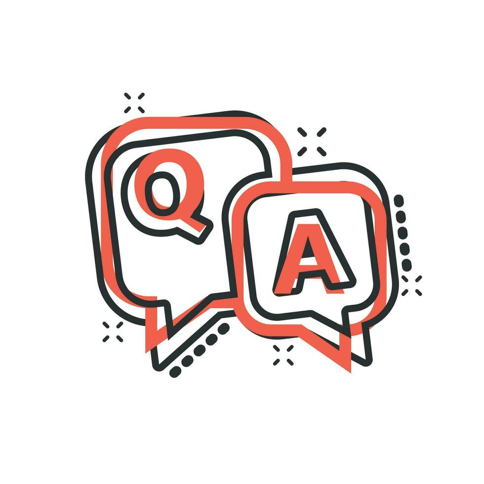 Question and answer icon in comic style. Discussion speech bubble vector cartoon illustration pictogram. Question, answer business concept splash effect.