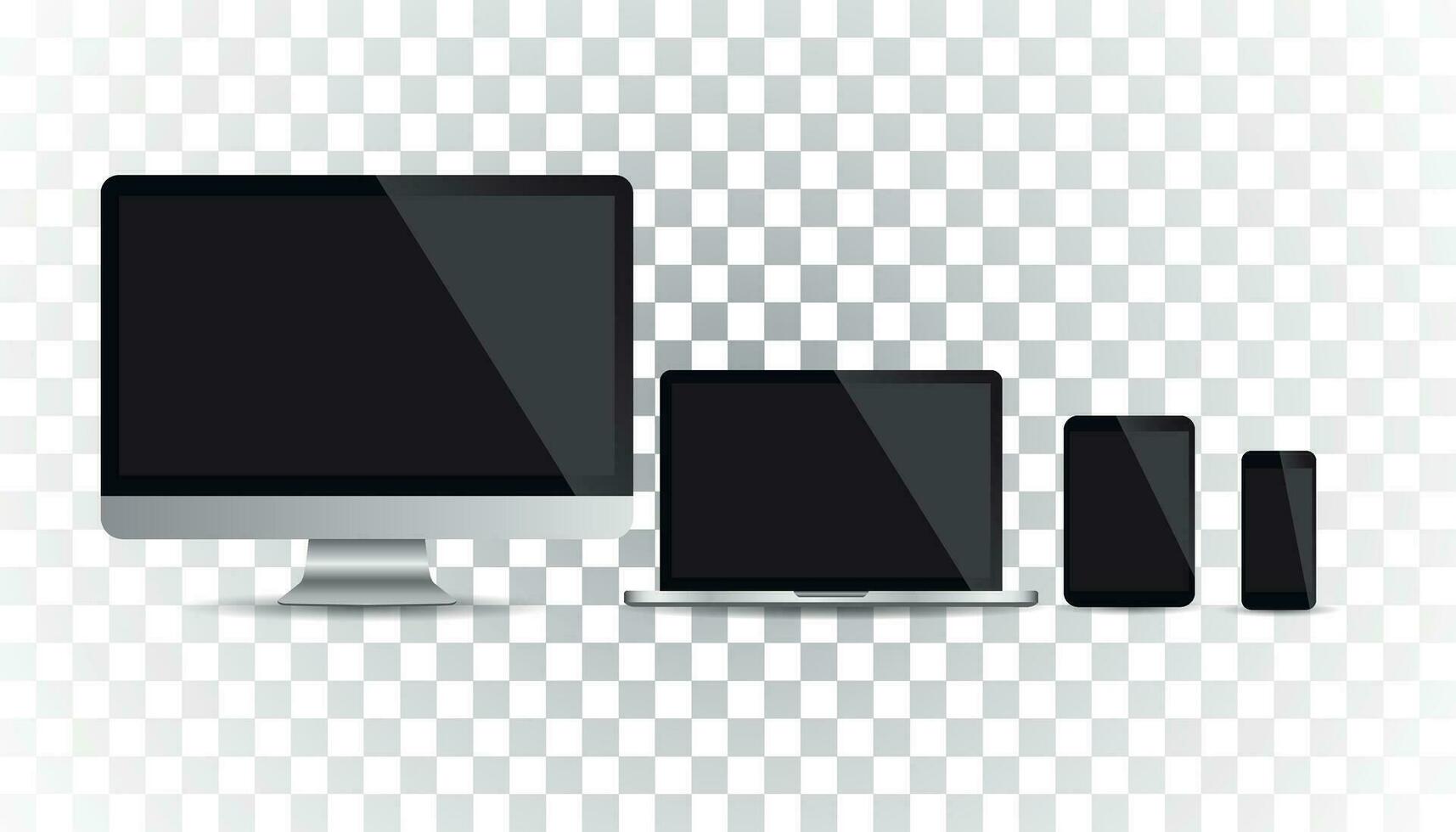 Realistic device flat Icons smartphone, tablet, laptop and desktop computer. Vector illustration